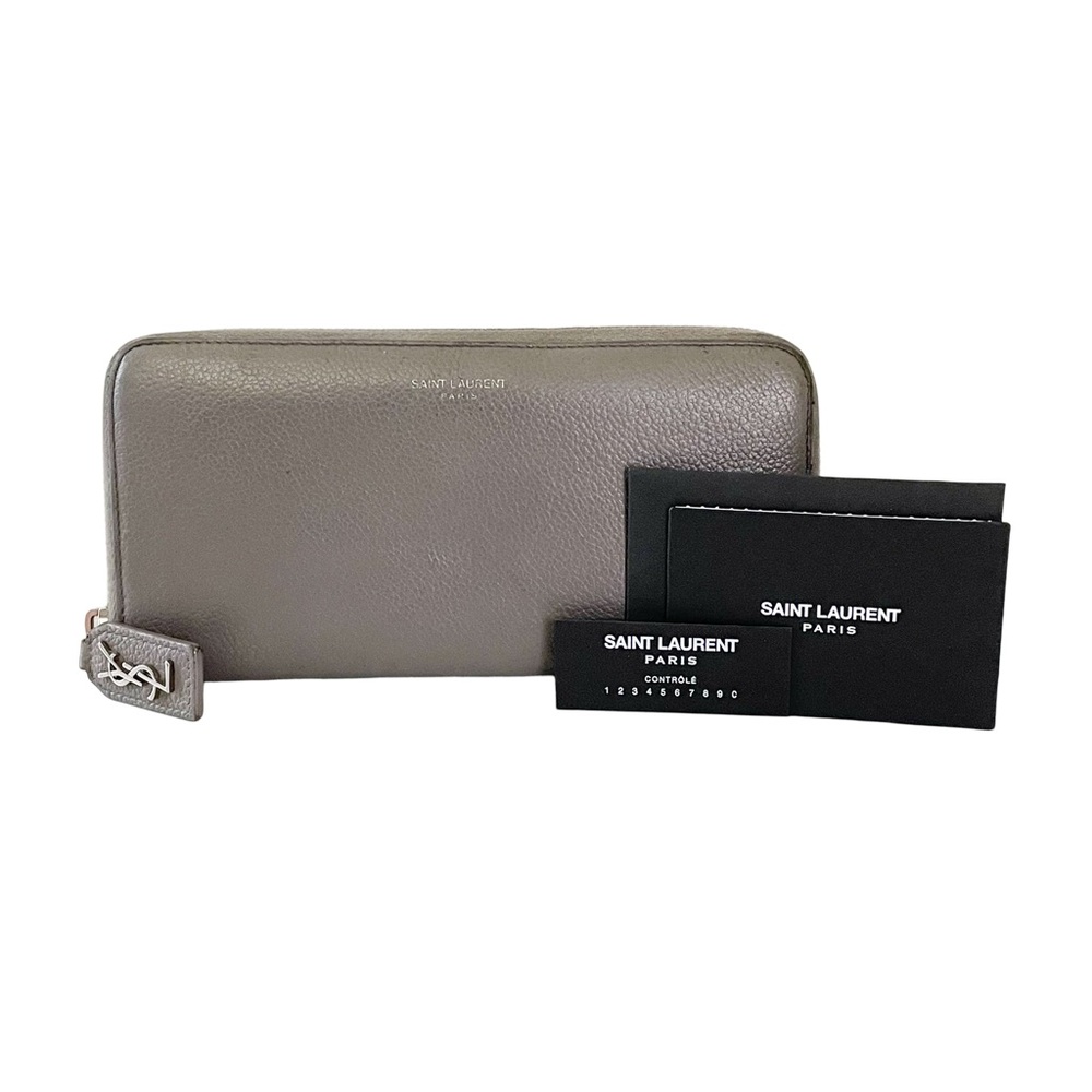 Saint Laurent gray leather YSL zipper long zip wallet